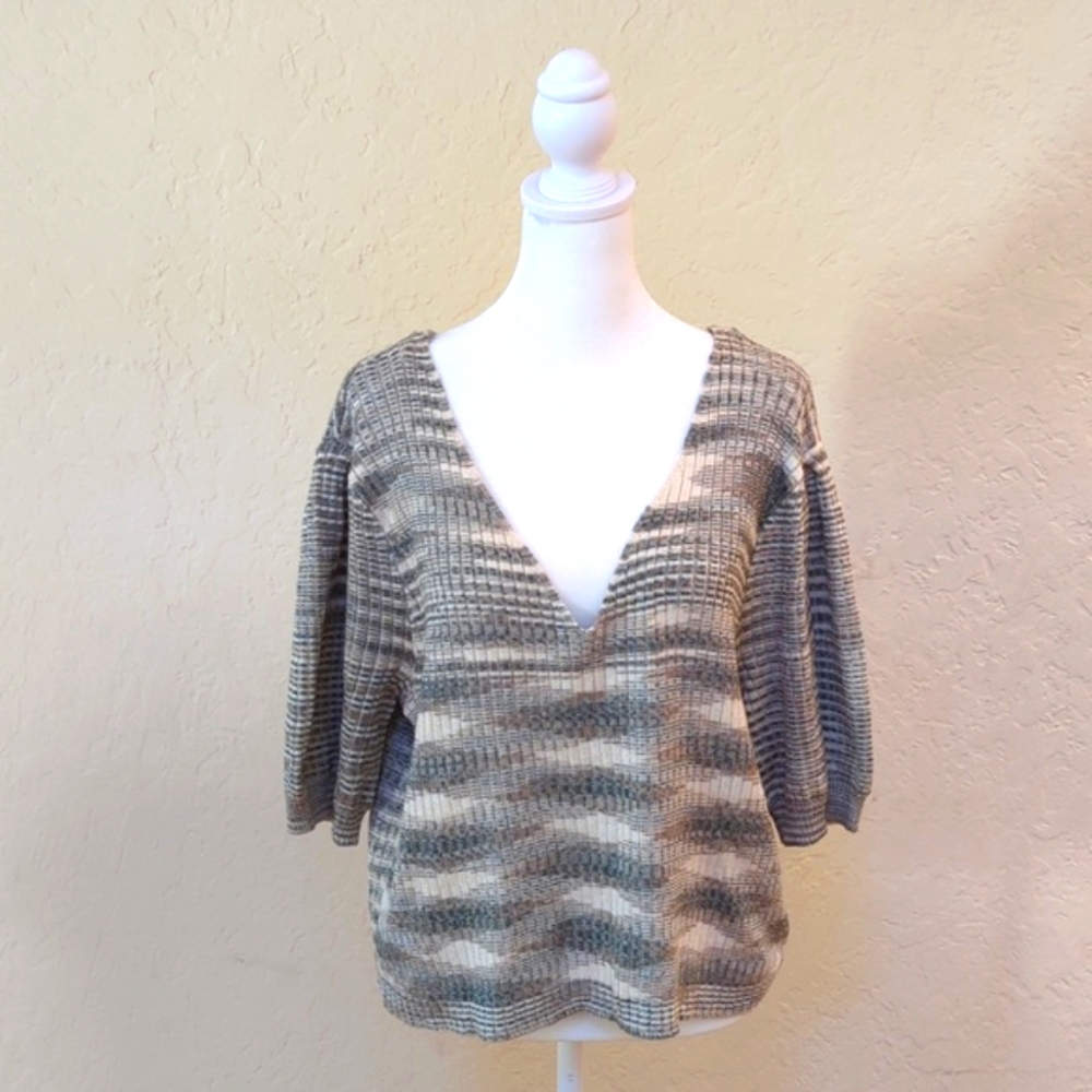 And Now This Ribbed Green Marbled Short Sleeve V Neck Sweater Plus Size 2X